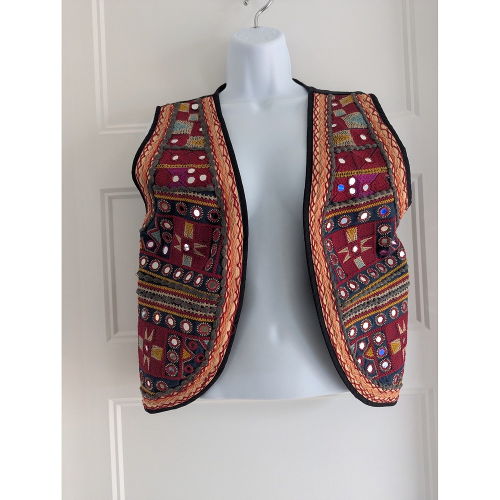 Maison‎ Hotel Embroidered Mirror Vest Small Black Multi Cotton Boho Crop Top